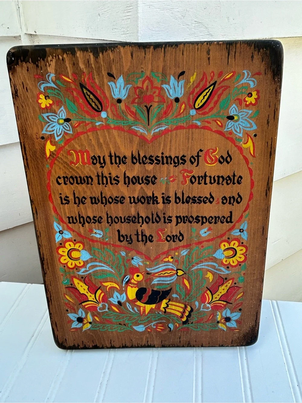 Vintage Folk Art Wooden Blessings Wall Plaque Multicolor Religious 13.5x9.5